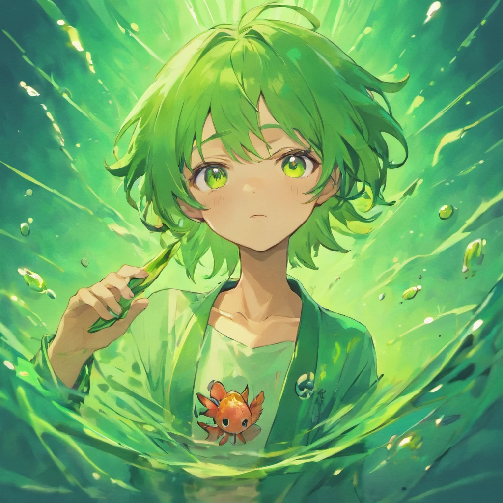 Anime guy with green hair with fish on his head. Avocado 6, best quality, high quality, 1boy, solo, male focus, looking at viewer, upper body, yukihira_souma