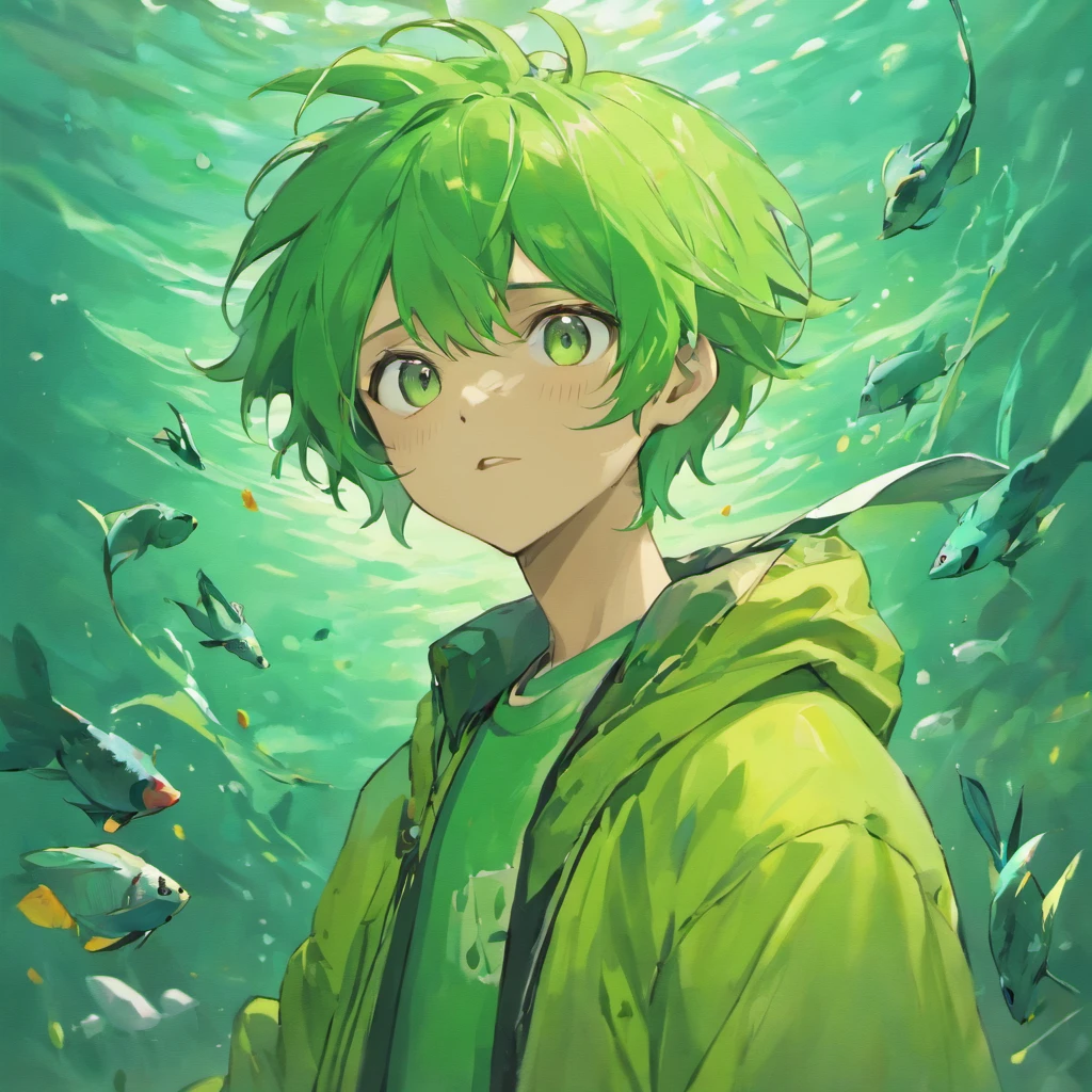 Anime guy with green hair with fish on his head. Avocado 6, best quality, high quality, 1boy, solo, male focus, looking at viewer, upper body, yukihira_souma
