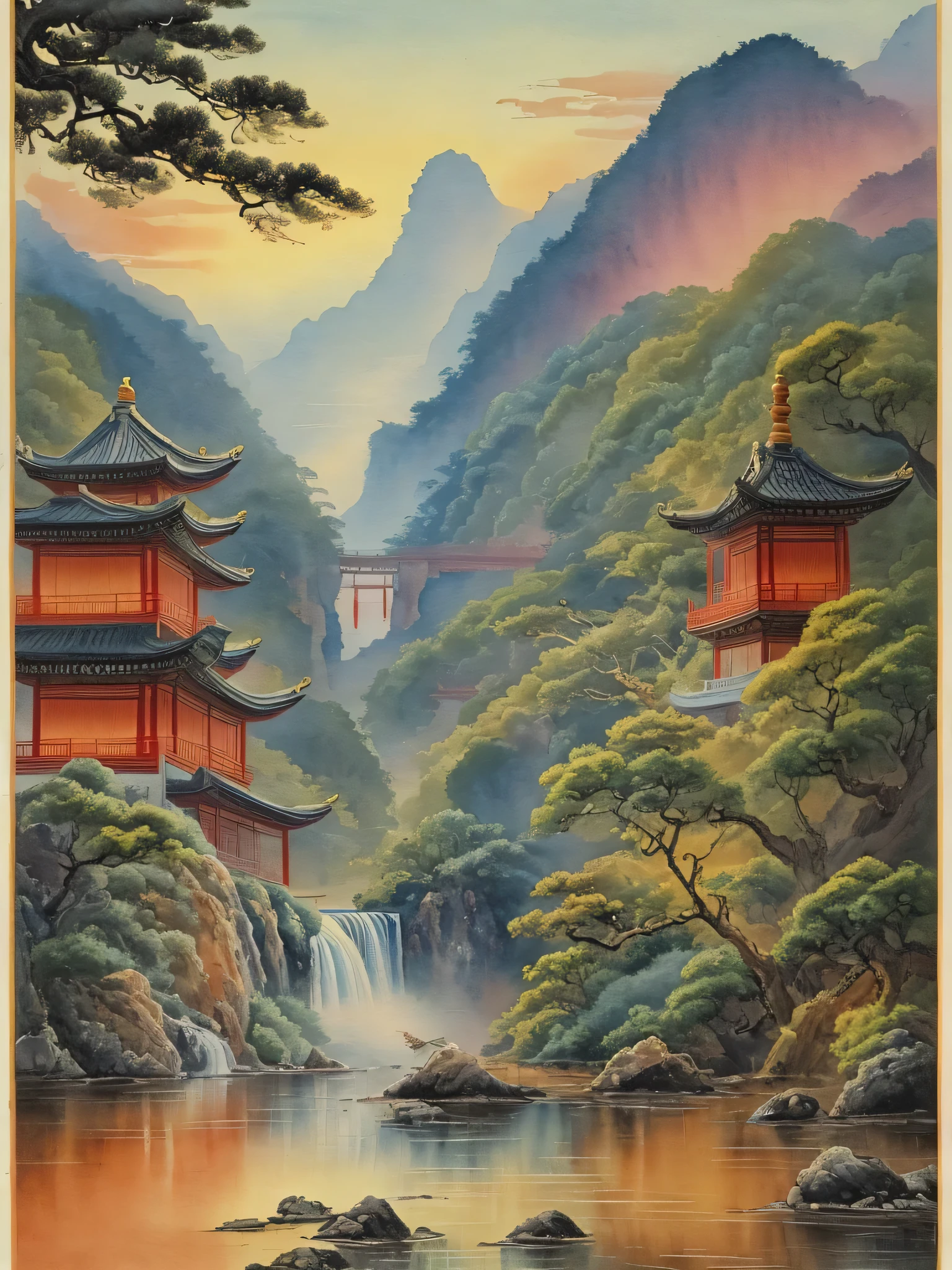 A painting of a waterfall, a boat in a river, and a sunset, Chinese style景, Chinese Watercolor Painting style, Mysterious and charming oriental scene, Detailed landscape Chinese painting,Chinese Watercolor Painting, Oriental Wallpaper, Landscape Artwork, Chinese style, Japanese Landscape,Oriental Fantasy,32k