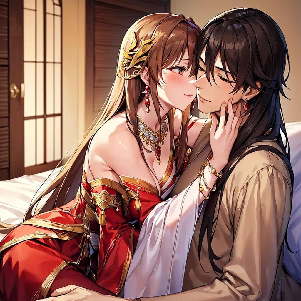 ((highest quality)), ((masterpiece)), (detailed), Perfect Face、((Yuuki Asuna))、Brown Hair、Hanfu、Gorgeous embroidery、((They hug each other and kiss deeply))、On the bed in the bedroom、((A man and a woman have marital relations on a bed))、A man and a woman are a couple、Gorgeous Phoenix Crown、The woman is wearing a gorgeous court costume.、Woman has a happy face、Gorgeous hair ornament、Earrings、necklace、Bracelet、Luxury accessories、(The woman is the empress)、(The man is the prince)、((The woman rubs her cheek against the man's chest and hugs him.))、(The man puts his hands around the woman's waist and hugs her)、Man and woman making love in bed