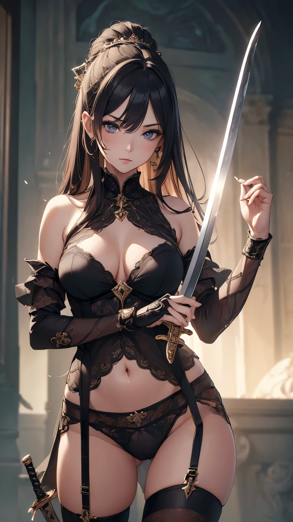 (((BLACK HAIR, [PERFECT REALISTIC EYES]))), (((HOLDING A SCYTHE IN HANDS,)))ultra realistic 8k CG, perfect face, flawless, clean, masterpiece, professional artwork, famous art, cinematic lighting, cinematic flower, perfect face, beautiful face, beautiful eyes, (((perfect female body, narrow waist))), GOTHIC, real, SINISTER, BLACK HOOD, WIDE SMILE, (DARK SETTING), fantasy, MACABRO, unreal, science fiction, (huge breasts),  BLACK clothes, lace, lace trim, lace legwear, , breasts out, absurdly long hair, very long hair, (rich: 1.4), SKULLS AROUND, intricate detail, delicate pattern, sexyarming, seductive, seductive, erotic, charming, hair ornament, necklace, earrings, bracelet, armband, looking at the viewer