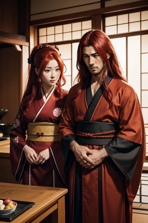 A man with a red or brown periwinkle, con cabello a la altura de los hombros, with a ninja suit and a red-haired woman with a kimono who are cousins, they look a bit alike and a couple from an ancient clan from Japan, young and handsome in a quiet moment 