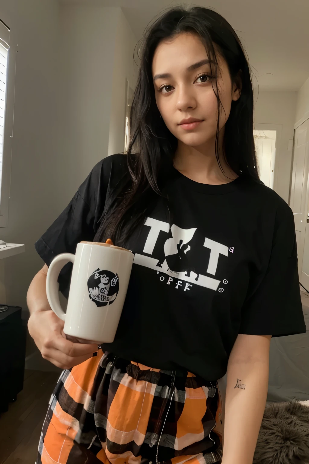 She is holding a coffee cup in her left hand . She is wearing a black oversized t-shirt and black red-orange checkered pajamas. It was taken with an iPhone camera. She has black hair, black eyes and white skin color.she is not looking at the camera ,