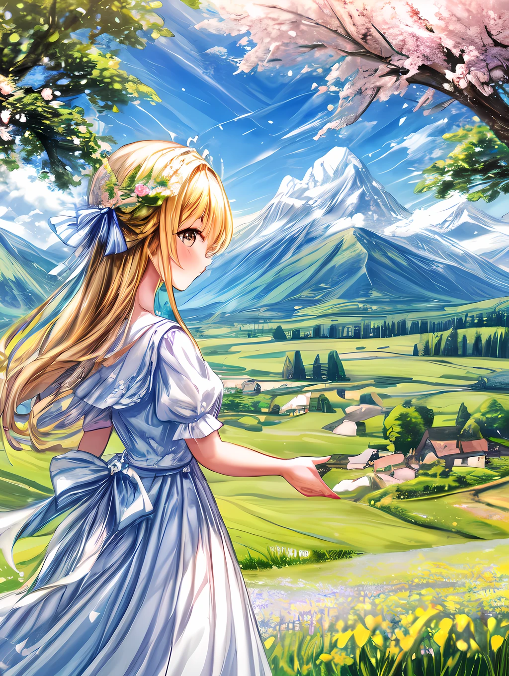 A bright and serene countryside scene with a girl young gazing beyond the mountains during spring.