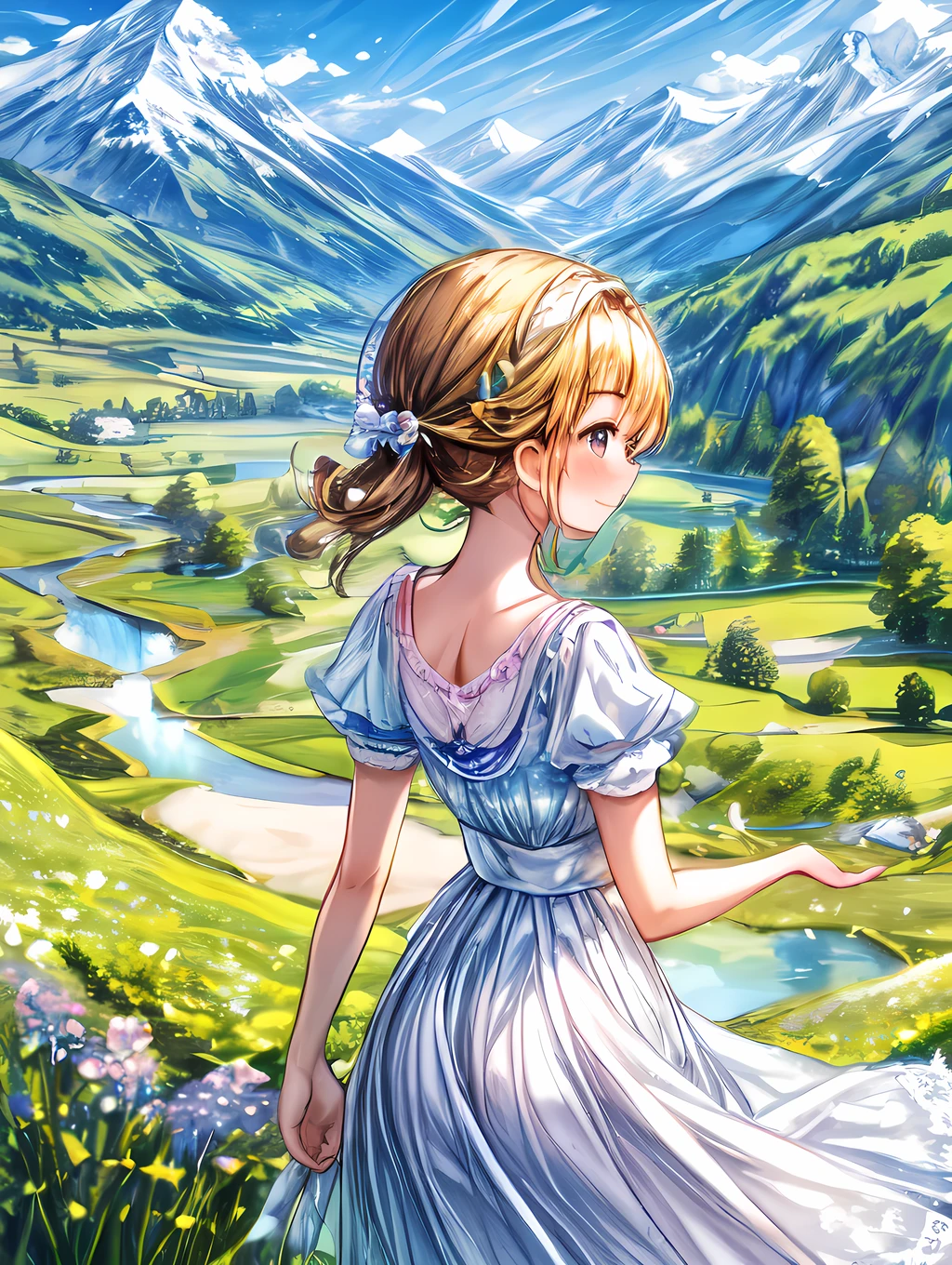A bright and serene countryside scene with a girl young gazing beyond the mountains during spring.