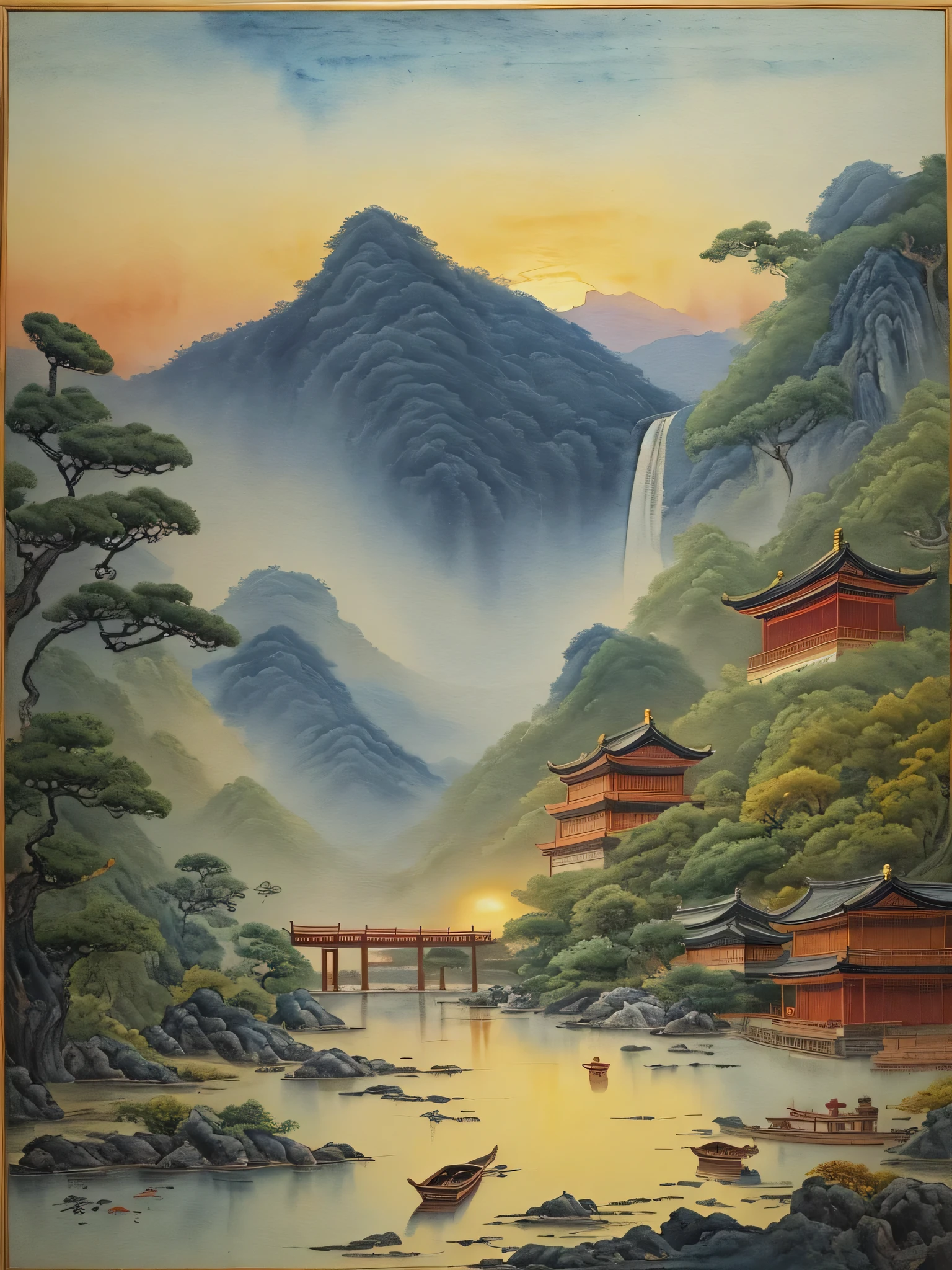 A painting of a waterfall, a boat in a river, and a sunset, Chinese style景, Chinese Watercolor Painting style, Mysterious and charming oriental scene, Detailed landscape Chinese painting,Chinese Watercolor Painting, Oriental Wallpaper, Landscape Artwork, Chinese style, Japanese Landscape,Oriental Fantasy,32k