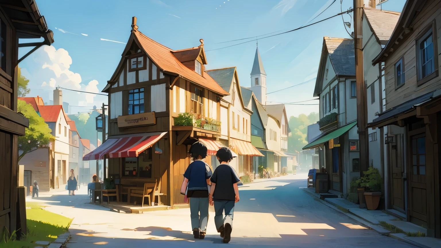 Two kids arrive in Blissville, a picturesque town with quaint streets and a bustling market square. Describe the scene with detailed imagery, highlighting the charm and beauty of Blissville and the two kids. The kids are black hair. Many other people on the street.