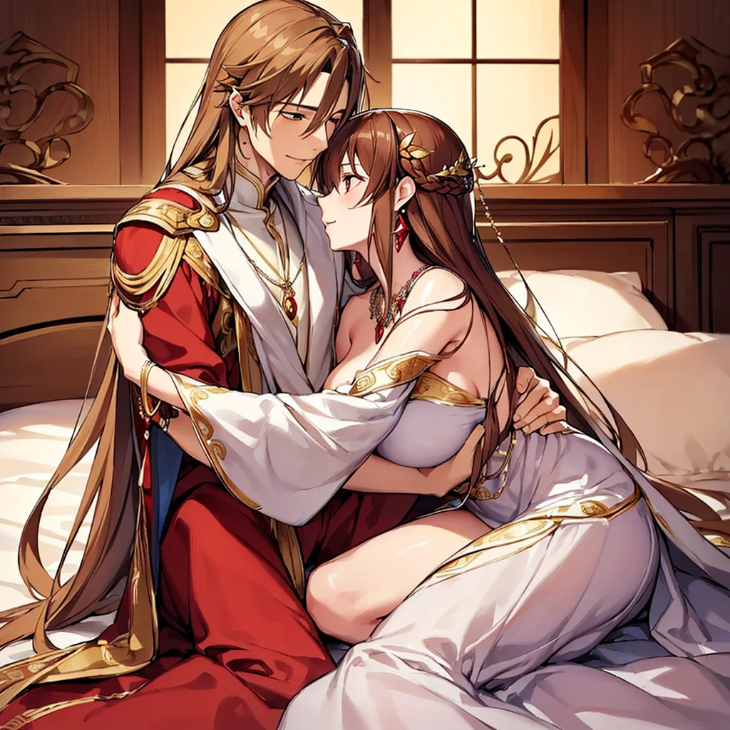 ((highest quality)), ((masterpiece)), (detailed), Perfect Face、((Yuuki Asuna))、Brown Hair、Hanfu、Gorgeous embroidery、((They hug each other and kiss deeply))、On the bed in the bedroom、((A man and a woman have marital relations on a bed))、A man and a woman are a couple、Gorgeous Phoenix Crown、The woman is wearing a gorgeous court costume.、Woman has a happy face、Gorgeous hair ornament、Earrings、necklace、Bracelet、Luxury accessories、（The woman is the empress）、（The man is the prince）、((Woman hugs man))、（The man puts his hands around the woman&#39;s waist and hugs her）、Man and woman making love in bed