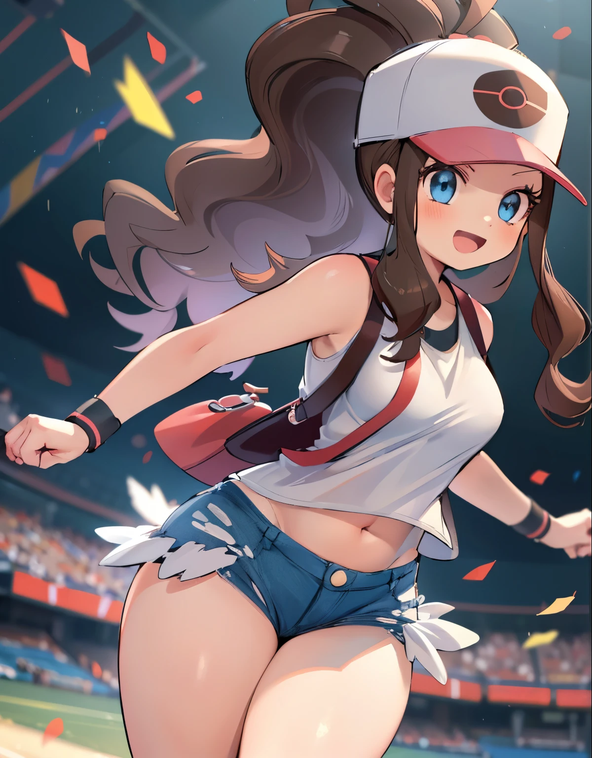 (best quality, highres, masterpiece:1.2), ultra-detailed, realistic:1.37, hilda pokemon, detailed eyes, beautiful eyes, def1, curvy, visible thighs, chubby thighs, thighs in the foreground, body shape, loved look, smile, open mouth, encanto femenino, in a stadium, dinamic pose