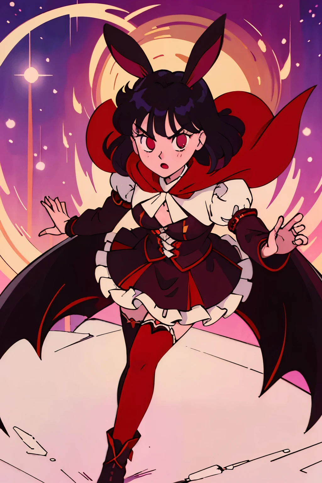 anime girl, tall, short black hair, Bangs are heavy, bunny ears, vampire, red eyes, ((best quality)), ((highly detailed)), masterpiece, absurdres, (detailed eyes, deep eyes), (1girl), cape, Outside at night when the moon shines, dress, frills, The sleeves are wide at the hem, long sleeve shirt, black tie, Stockings, boots