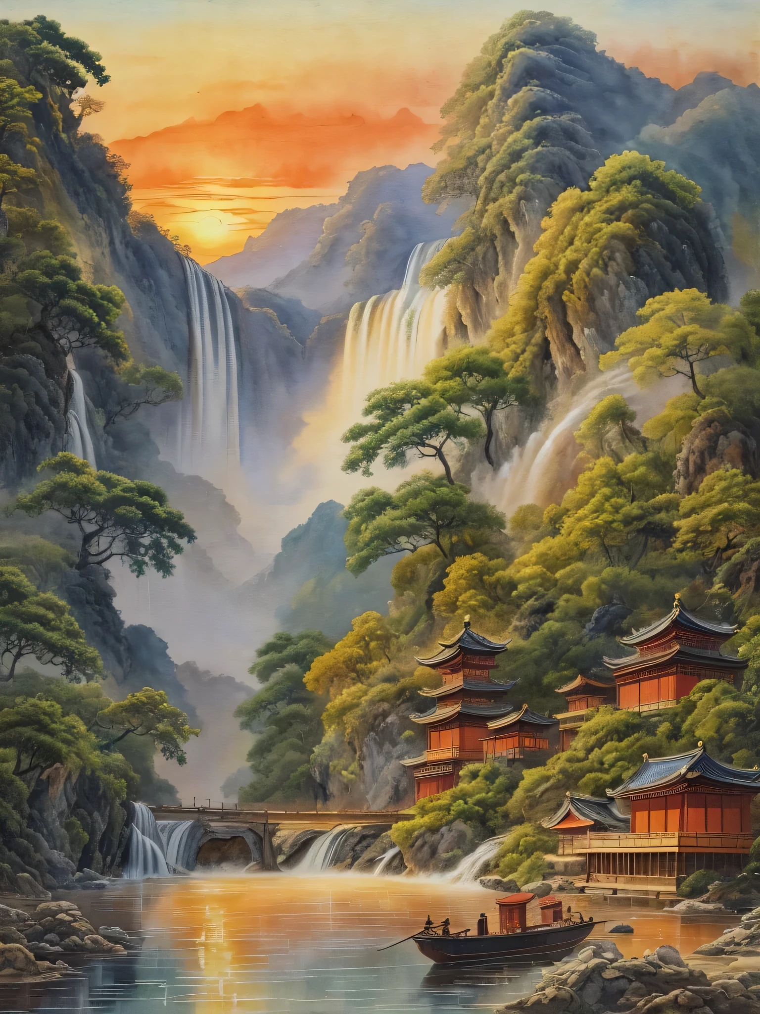 A painting of a waterfall, a boat in a river, and a sunset, Chinese style景, Chinese watercolor style, Oriental Scene, Detailed landscape Chinese watercolor painting, Oriental Wallpaper, Landscape Artwork, Chinese style, Japanese Landscape,Oriental Fantasy,32k