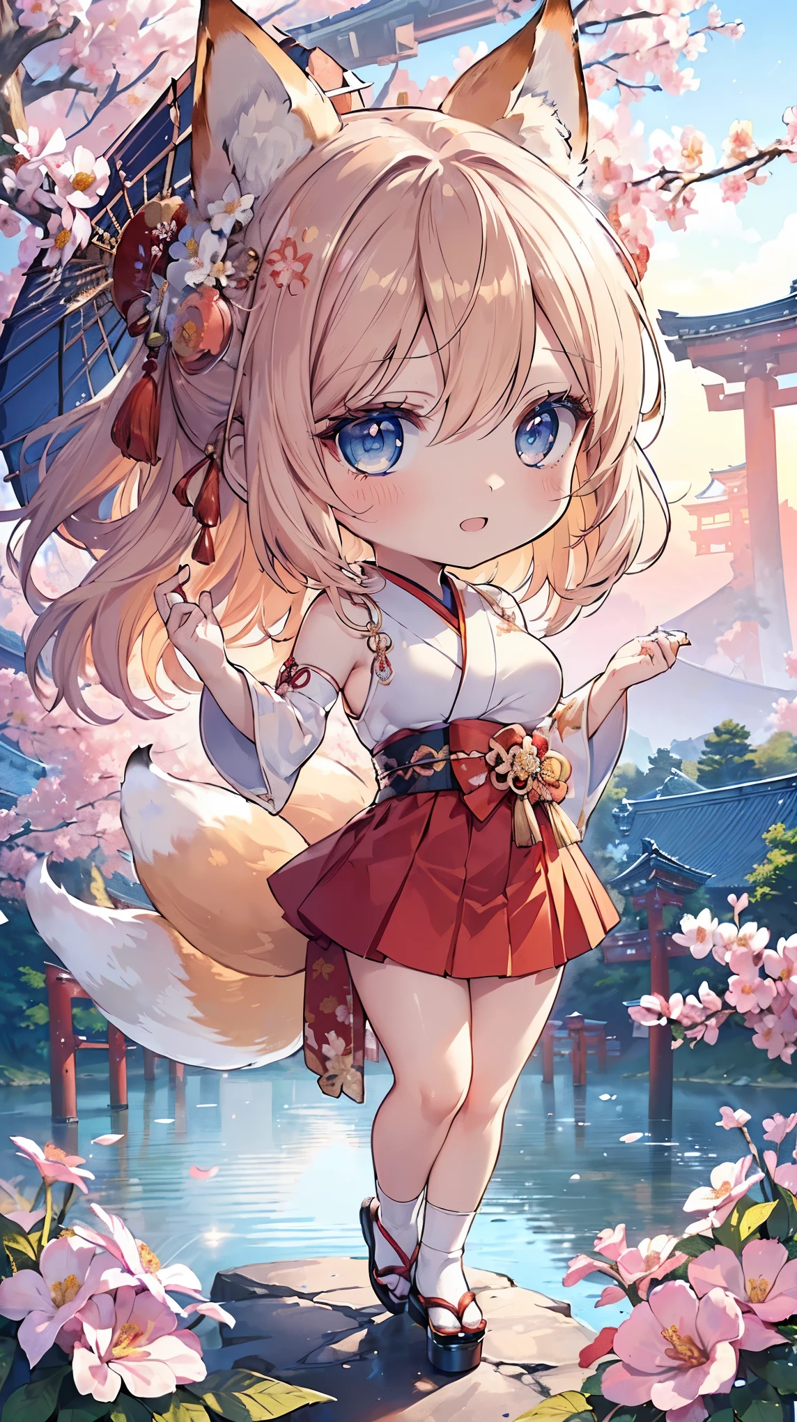 (((Masterpiece))), (((Highest quality))), ((Ultra-detailed)), ((Super fine illustration)), ((Ultra-fine painting)), (16K highest quality wallpaper:1.4), (Chibi:2.0), (Full body:1.6), HDR, (Highly detailed and delicate illustration style:1.8), Detailed skin texture, Detailed cloth texture, Extreme detailed description, (T-masterpiece), (Highly detailed face:1.2), (Highly detailed fox ears:1.2), (Highly detailed shiny golden brown half updo:1.2), (Highly detailed clear blue eyes:1.2), Original, RAW photo, Professional, Intricate details, Super details, Direct light:1.6, (Perfect anatomy:1.4), (Highly detailed hands:1.2), (Highly detailed fingers:1.2), (Highly detailed fingertips:1.2), (27-years-old), Real, (Solo:1.8), ((A very beautiful and attractive fox fashion model with blue eyes wearing a bright red furisode with a floral pattern:1.4)) BRAKE (Beautiful and adorable fox ears:1.6), (Highly detailed and delicate fox ears:1.4), (Beautiful and well-shaped big breasts:1.2), (Beautiful and well-shaped buttocks), (Beautiful and shiny golden brown half updo:1.4), (Highly detailed and delicate golden brown half updo:1.2), (Beautiful clear blue eyes that shine with great detail:1.6), (Highly detailed and delicate blue eyes:1.2), (Highly detailed face:1.4), (Smile:1.5), (Blush:1.4), (Looking at viewer:1.4), (Celebration:1.4) BRAKE (Bright red furisode with floral pattern:1.4), (Japanese traditional costume:1.2) BRAKE (Concept art:1.2), (Detailed fantasy art:1.2) BRAKE (Highly detailed and delicate Ise Grand Shrine in Mie Prefecture in the background just after noon in spring:1.6), (Celebration:1.4), Ise Grand Shrine:1.4, Torii gate of Ise Shrine:1.4, cherry blossoms:1.2, Very beautiful in the sunny sky background just after noon:1.4 BRAKE