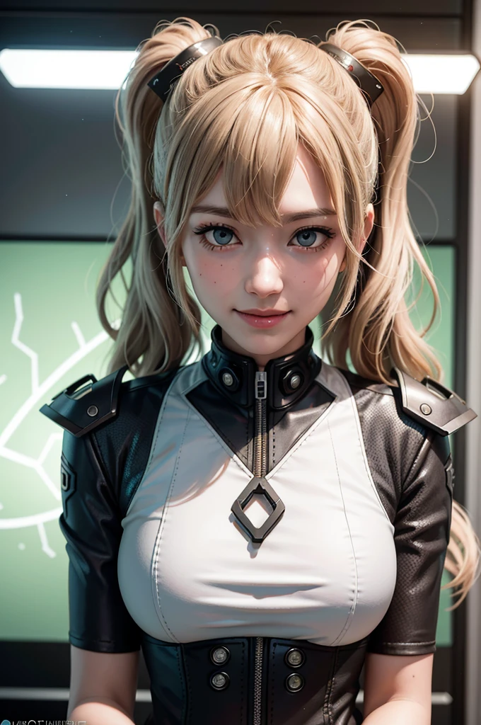 portrait of a beautiful [girl | woman] junko enoshima, blonde long hair, 1girl, twintails, solo, breasts, blue eyes, cleavage, collarbone, large breasts, bangs, blush, closed mouth, smirk, looking at viewer, upper body, bear hair ornament, nail polish, red nails, red bow,  wearing green mark IV armor from Halo holding a BR55 battle rifle inside futuristic space station,  wispy hair, contrast, texture, realism, high quality, film grain, Fujifilm XT3, insane details, intricate details, hyperdetailed, soft cinematic light, adobe lightroom, photolab, intricate, highly detailed, muted colors, insane details, intricate details, hyperdetailed, soft cinematic light, adobe lightroom, photolab, intricate, highly detailed, muted colors, masterpiece, (close up portrait of a smiling girl) , (backlighting), (intricate, octane render, highly detailed, 8k, hdr, uhd, high quality, professional, Unreal engine,Trending on artstation), lens flare, shade