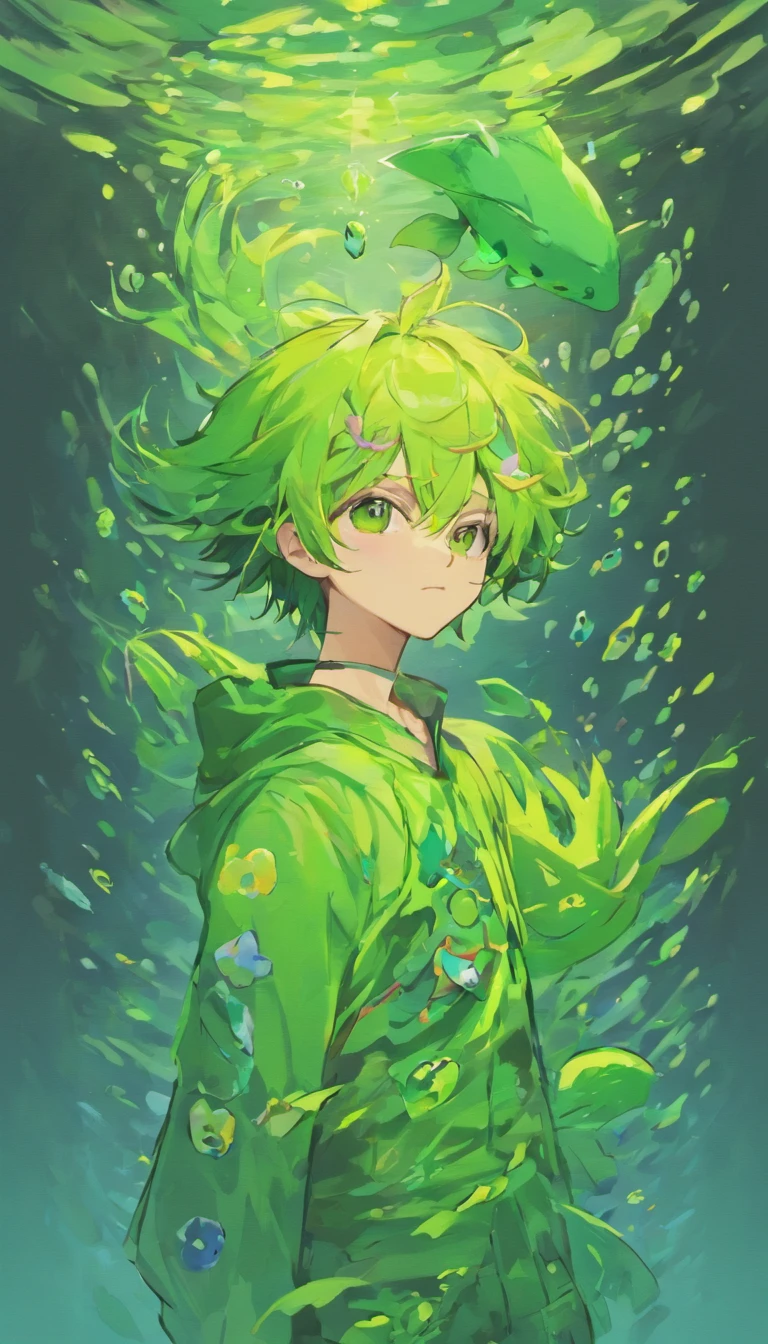 Anime guy with green hair with fish on his head. Avocado 6, best quality, high quality, 1boy, solo, male focus, looking at viewer, upper body, yukihira_souma. Avogado6 style. Grey background. Fish on his head.