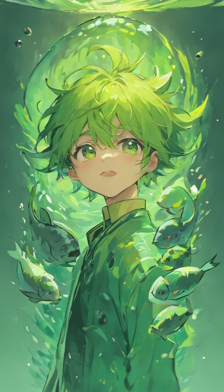 Anime guy with green hair with fish on his head. Avocado 6, best quality, high quality, 1boy, solo, male focus, looking at viewer, upper body, yukihira_souma. Avogado6 style. Grey background. Fish on his head.