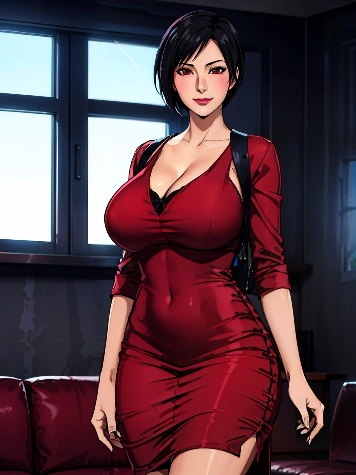 luxury livingroom background, window, night city view, ada wong, anime cels style, best quality, high resolution, 1girl, (huge breasts:1.2), beautiful face, lipstick, cowboy shot of beautiful ada, looking at viewer, re 2 dress, black hair, short hair, smiling, blush