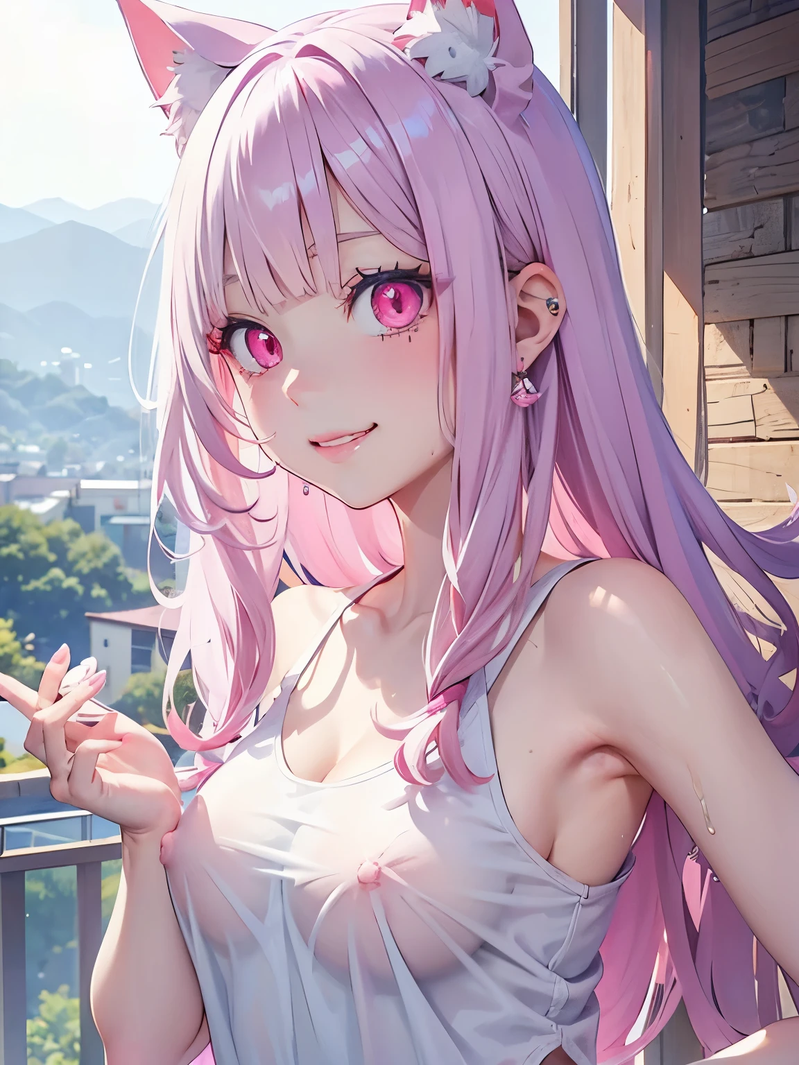 White hair. Long hair. Inner pink hair. Anime girl. Pink eyes. Glowing eyes. Nekomimi. Smile. Tanktop. Mountain. Armpit. Wet .