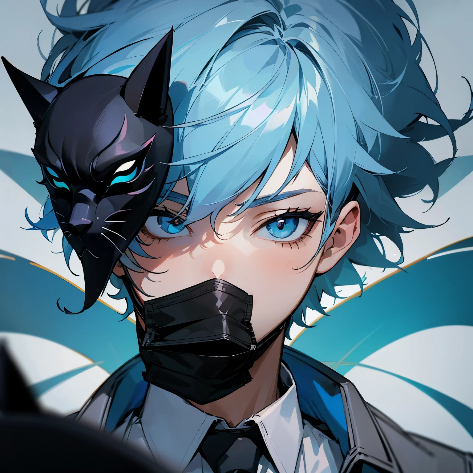 A boy with short light blue hair wearing a black cat mask that covers the upper part of his face, estilo ouji fashion