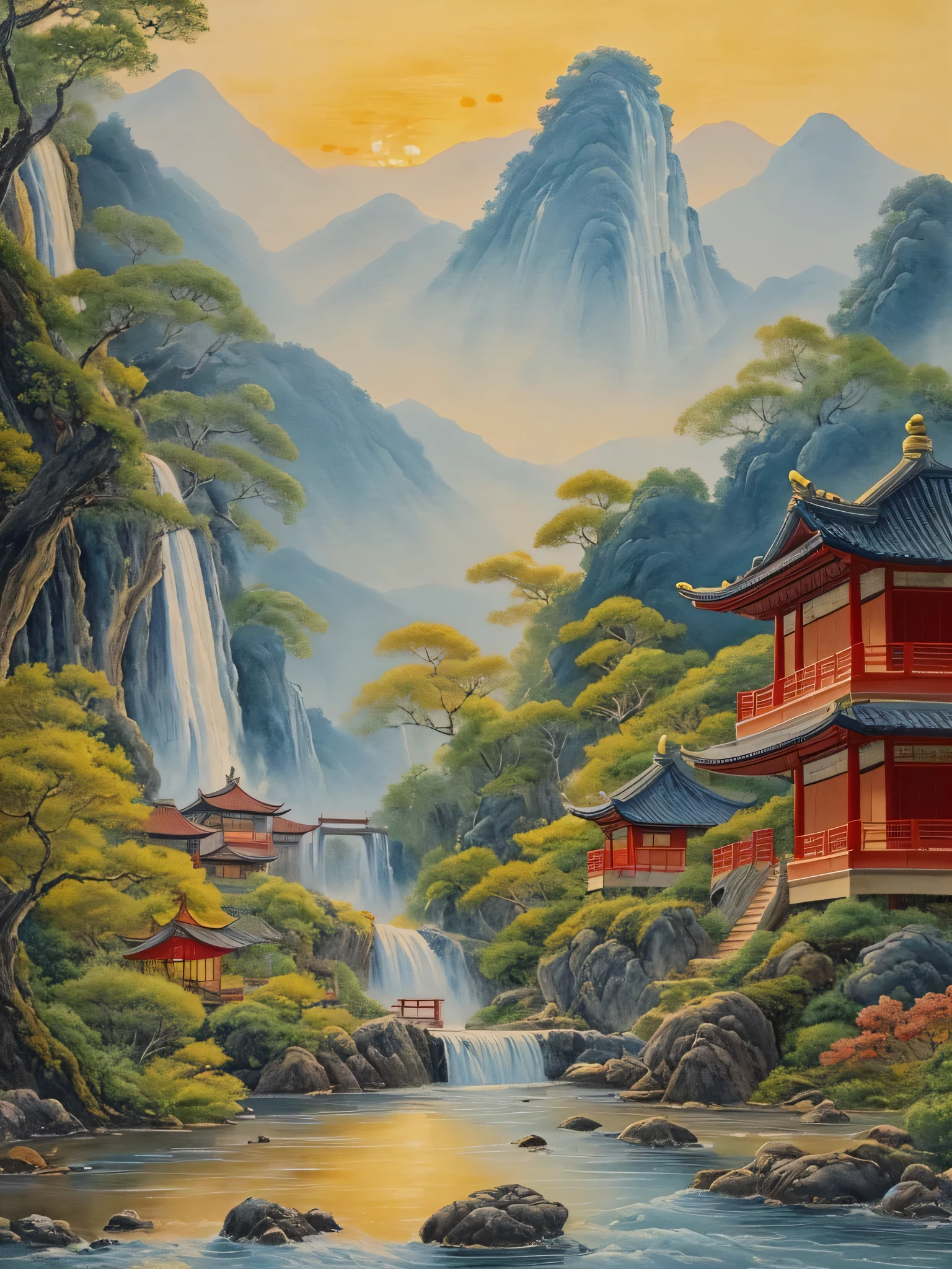 A painting of a waterfall, a boat in a river, and a sunset, A delicate painting by Gong Xian, shutter, European modern ink painting, Chinese style景, Chinese watercolor style, Oriental Scene, Detailed scenery —width 672, Traditional Chinese watercolor, Oriental Wallpaper, Landscape Artwork, Chinese style, Japanese Landscape, traditional Chinese painting, Landscape Art Detail,32k