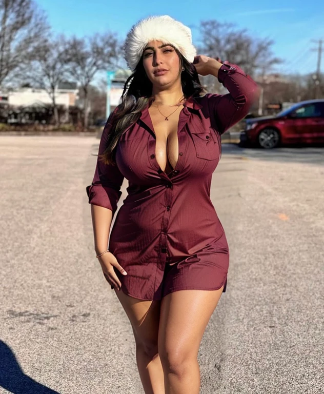 Dark red Button up shirt, curvy,  wide hip, curvy thighs, skin color match, cleavage