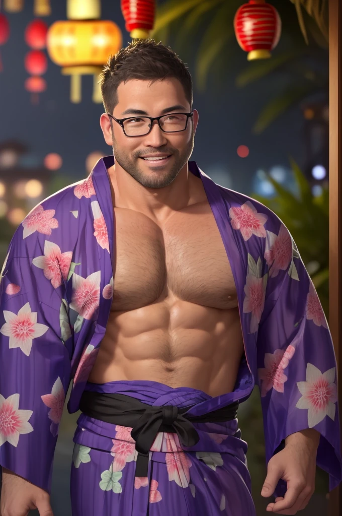 An award-winning original photo，A wild muscular man, (40 years old daddy:1.1), 1boy, Solo, round face, beefy body, (big shoulders), musculature, stubbles, Short beard, Beautiful brown eyes:1.3, (Detailed face:1.3), wearing glasses, smiles, Dynamic Angle, volumetric lighting, (Best quality, A high resolution, Photorealistic), Cinematic lighting, Masterpiece, RAW photo, stock photo, Intricate details, hdr, depth of field, upper body shot, George Pei, Chris Redfield, a gay man, sexy, muscular, strutting outdoors, gorgeous detailed eyes, detailed face, scruffy stubble, pouring rain, outdoors, (yukata outfit:1.5), (open clothes:1.5),  with bulge, bokeh, depth of field,