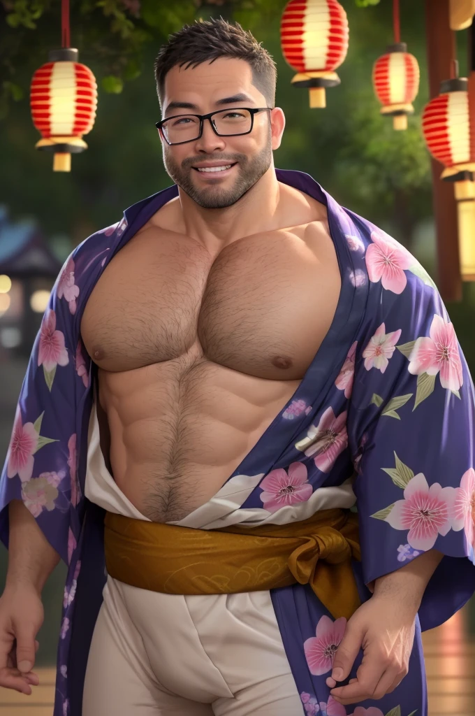 An award-winning original photo，A wild muscular man, (40 years old daddy:1.1), 1boy, Solo, round face, beefy body, (big shoulders), musculature, stubbles, Short beard, Beautiful brown eyes:1.3, (Detailed face:1.3), wearing glasses, smiles, Dynamic Angle, volumetric lighting, (Best quality, A high resolution, Photorealistic), Cinematic lighting, Masterpiece, RAW photo, stock photo, Intricate details, hdr, depth of field, upper body shot, George Pei, Chris Redfield, a gay man, sexy, muscular, strutting outdoors, gorgeous detailed eyes, detailed face, scruffy stubble, pouring rain, outdoors, (yukata outfit:1.5), (open clothes:1.5),  with bulge, bokeh, depth of field,