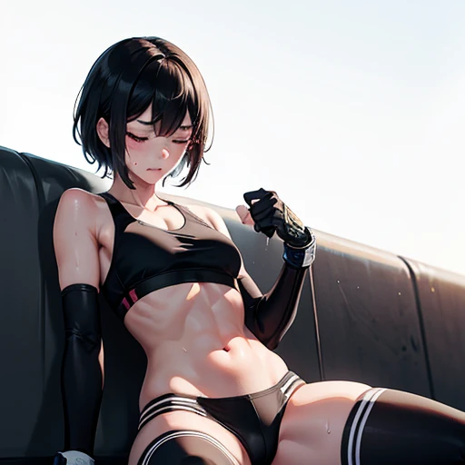 Slender, pretty high school girl who lost a mixed martial arts match in the ring, mid-sitting, eyes closed, mouth open, out of breath, exhausted, short black hair, covered in sweat, small breasts, sports bra, open finger gloves