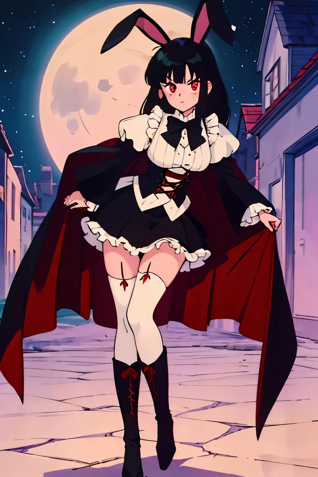 anime girl, tall, short black hair, Bangs are heavy, bunny ears, vampire, red eyes, ((best quality)), ((highly detailed)), masterpiece, absurdres, (detailed eyes, deep eyes), (1girl), cape, Outside at night when the moon shines, dress, frills, The sleeves are wide at the hem, long sleeve shirt, black tie, Stockings, boots