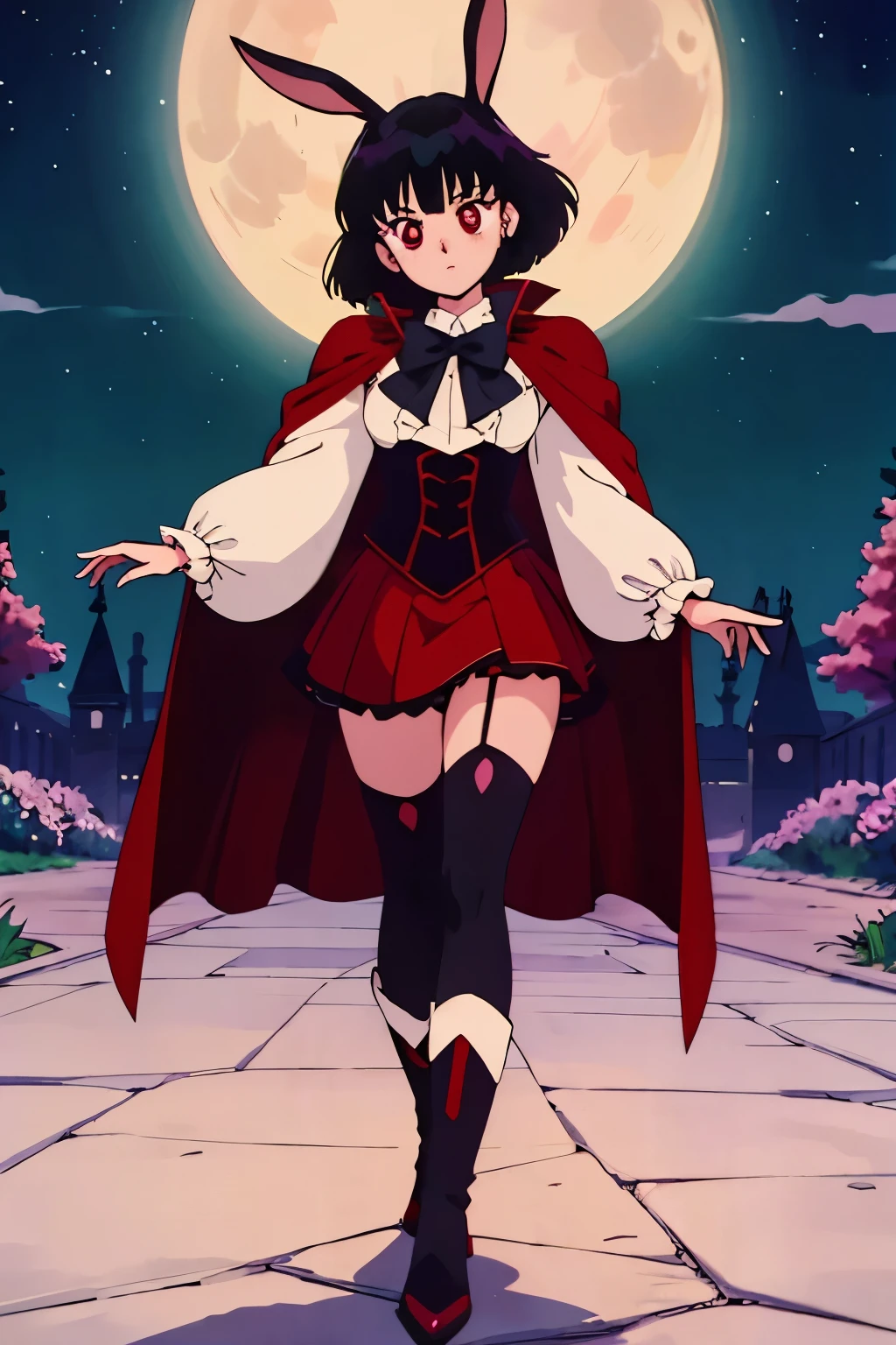 anime girl, tall, short black hair, Bangs are heavy, bunny ears, vampire, red eyes, ((best quality)), ((highly detailed)), masterpiece, absurdres, (detailed eyes, deep eyes), (1girl), cape, Outside at night when the moon shines, dress, frills, The sleeves are wide at the hem, long sleeve shirt, black tie, Stockings, boots