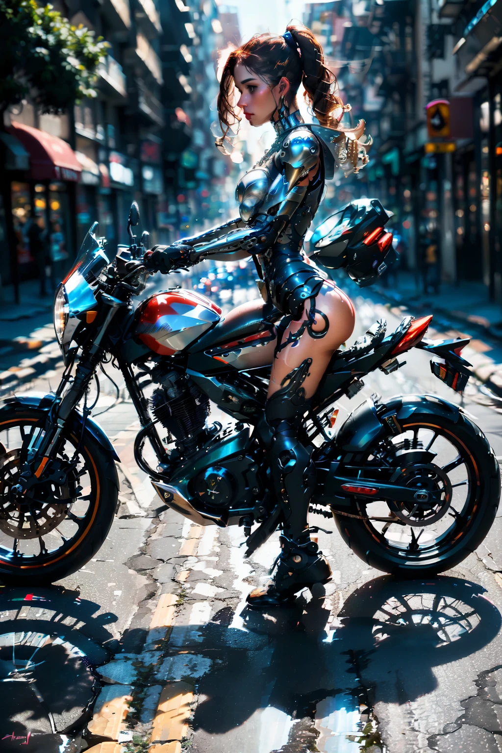 A female cyborg riding a high-tech motorcycle on the street, (side view, Half-turn:1.2), (best quality, high quality, absurdres, masterpiece:1.2), beautiful, intricate details, magnificent anatomy, slim body, beautiful figure, (intricate details:1.12), (intricate details, hyper-detailing:1.15), (natural skin textures, hyper realistic, soft light, sharp:1.2), HDR