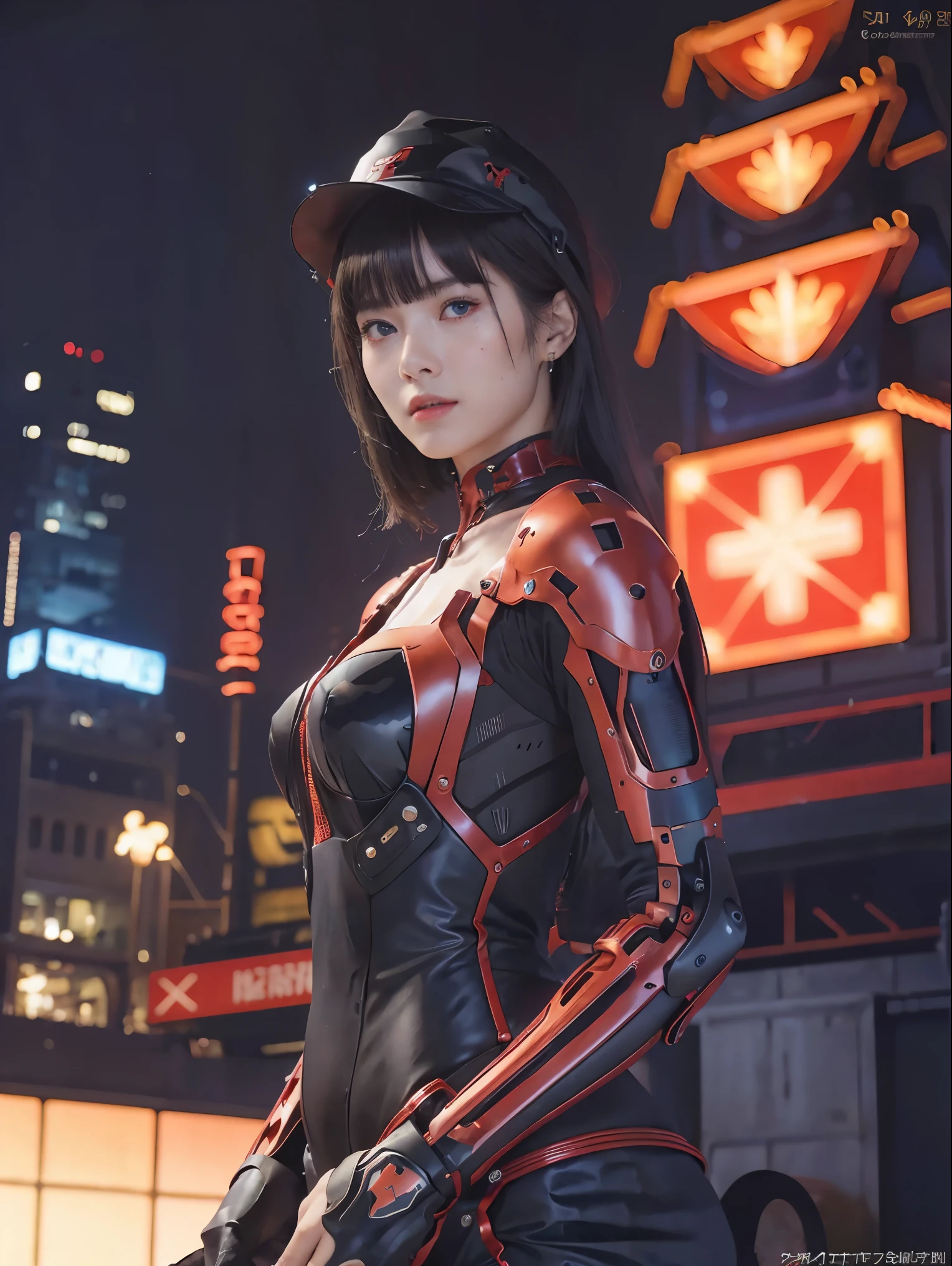 （Part of the skin is a computer）、top-quality、​masterpiece、超A high resolution、(With a futuristic machine gun、holding knive),（Wearing a futuristic hat）、(Photorealsitic:1.4)、Raw photo、1 girl、Black hair、glowy skin、((1 Mechanical Girl))、((super realistic details))、portlate、（Mystical expression）、（Has a huge rocket launcher）、explosions、Particles of light、（Small LED lamp）、Wire tubes that glow all over the body、(With state-of-the-art weapons),globalillumination、Shadow、octan render、8K、Armpit、ultrasharp、Colossal 、Small LED lamp、Raw skin is exposed in cleavage、metals、blood vessels connected to tubes、With weapons、Red bodysuit、Armpit、Cyberpunk city background、Details of complex ornaments、Japan details、highly intricate detail、Realistic light、CGSoation Trends、Blue eyes、radiant eyes、Facing the camera、neon details、（Tattoo numbers on the face）、Mechanical limbs、blood vessels connected to tubeechanical vertebrae attached to the back、mechanical cervical attaching to neck、Wires and cables connecting to the head、Gundam、Small LED lamp、Toostock、Toostock、Futuristic machine gun、Knives、(Red Metallic Bodysuit),