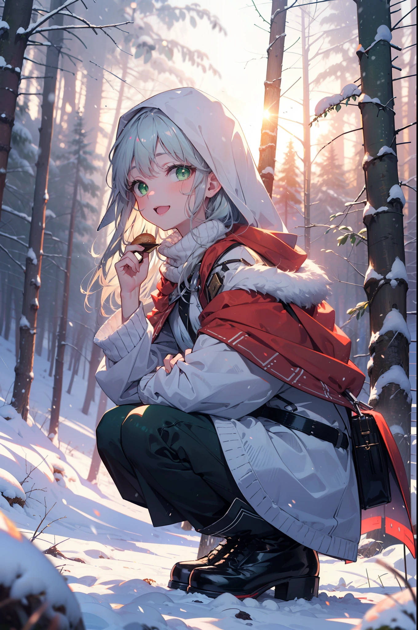 index, index, (Green Eyes:1.5), Silver Hair, Long Hair, (Flat Chest:1.2),happy smile, smile, Open your mouth,
Open your mouth,snow, fire, Outdoor, boots, snowing, From the side, wood, suitcase, Cape, Blurred, Food Up, forest, White handbag, nature,  Squat, Mouth closed, フードed Cape, winter, Written boundary depth, Black shoes, red Cape break looking at viewer, Upper Body, whole body, break Outdoor, forest, nature, break (masterpiece:1.2), highest quality, High resolution, unity 8k wallpaper, (shape:0.8), (Beautiful and beautiful eyes:1.6), Highly detailed face, Perfect lighting, Highly detailed CG, (Perfect hands, Perfect Anatomy),