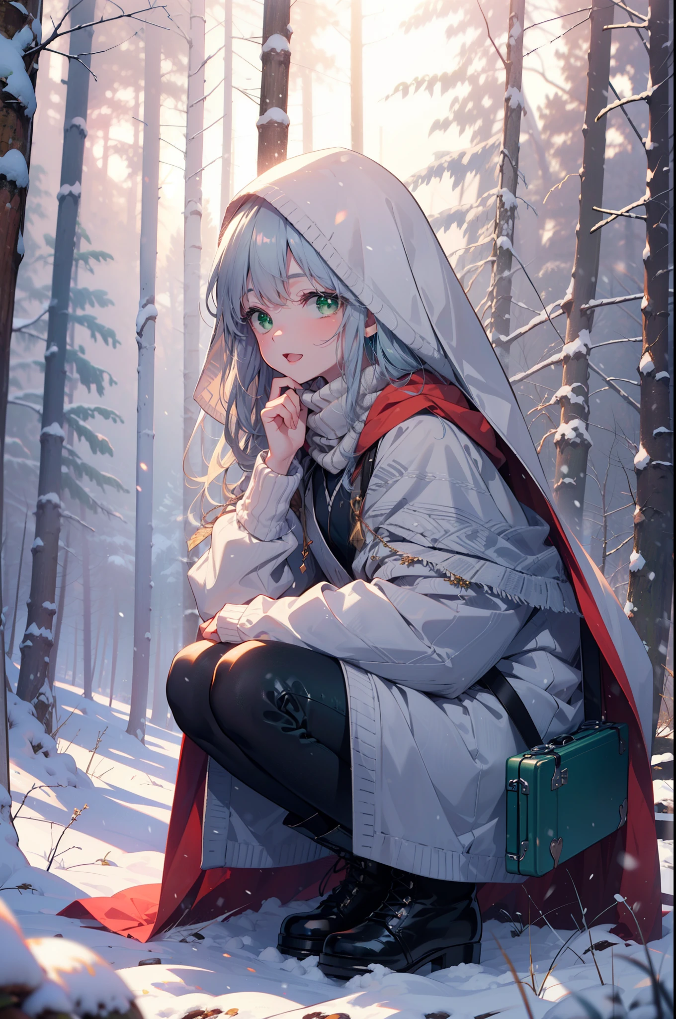 index, index, (Green Eyes:1.5), Silver Hair, Long Hair, (Flat Chest:1.2),happy smile, smile, Open your mouth,
Open your mouth,snow, fire, Outdoor, boots, snowing, From the side, wood, suitcase, Cape, Blurred, Food Up, forest, White handbag, nature, Squat, Mouth closed, フードed Cape, winter, Written boundary depth, Black shoes, red Cape break looking at viewer, Upper Body, whole body, break Outdoor, forest, nature, break (masterpiece:1.2), highest quality, High resolution, unity 8k wallpaper, (shape:0.8), (Beautiful and beautiful eyes:1.6), Highly detailed face, Perfect lighting, Highly detailed CG, (Perfect hands, Perfect Anatomy),