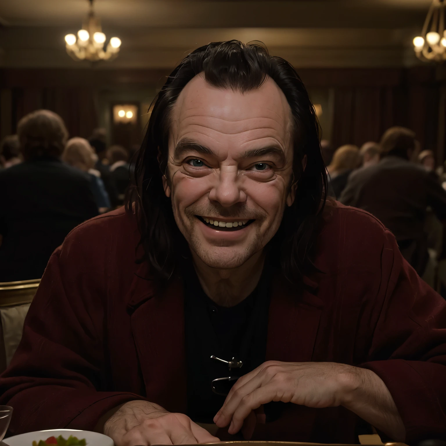 arafed man with his mouth open sitting at a table, the shining, the shining overlook hotel, stanley kubrick the shinning, the shining 1980, hannibal lector, self - satisfied smirk, giddy smirk, shining, unsettling grin, choke smirk smile grin, evil smirk, insane smile, jack nicholson