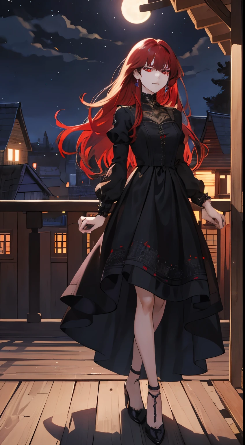 At the tranquil moon night, an 18-year-old girl with long, vibrant red hair and intricately detailed, expressive red eyes stood in the finest quality, full-body view on the balcony of her quaint wood-made house in the secluded village. The fair-faced beauty, adorned in a sleek black and purple mixed dress, narrowed her sharp eyes in an annoyed mood as she gazed beyond the village, scanning the serene surroundings with a sharp, defined jawline. The scene was an exquisite anime masterpiece, capturing the intricate details of her full body, the luminous moonlight casting a romantic glow upon her features.