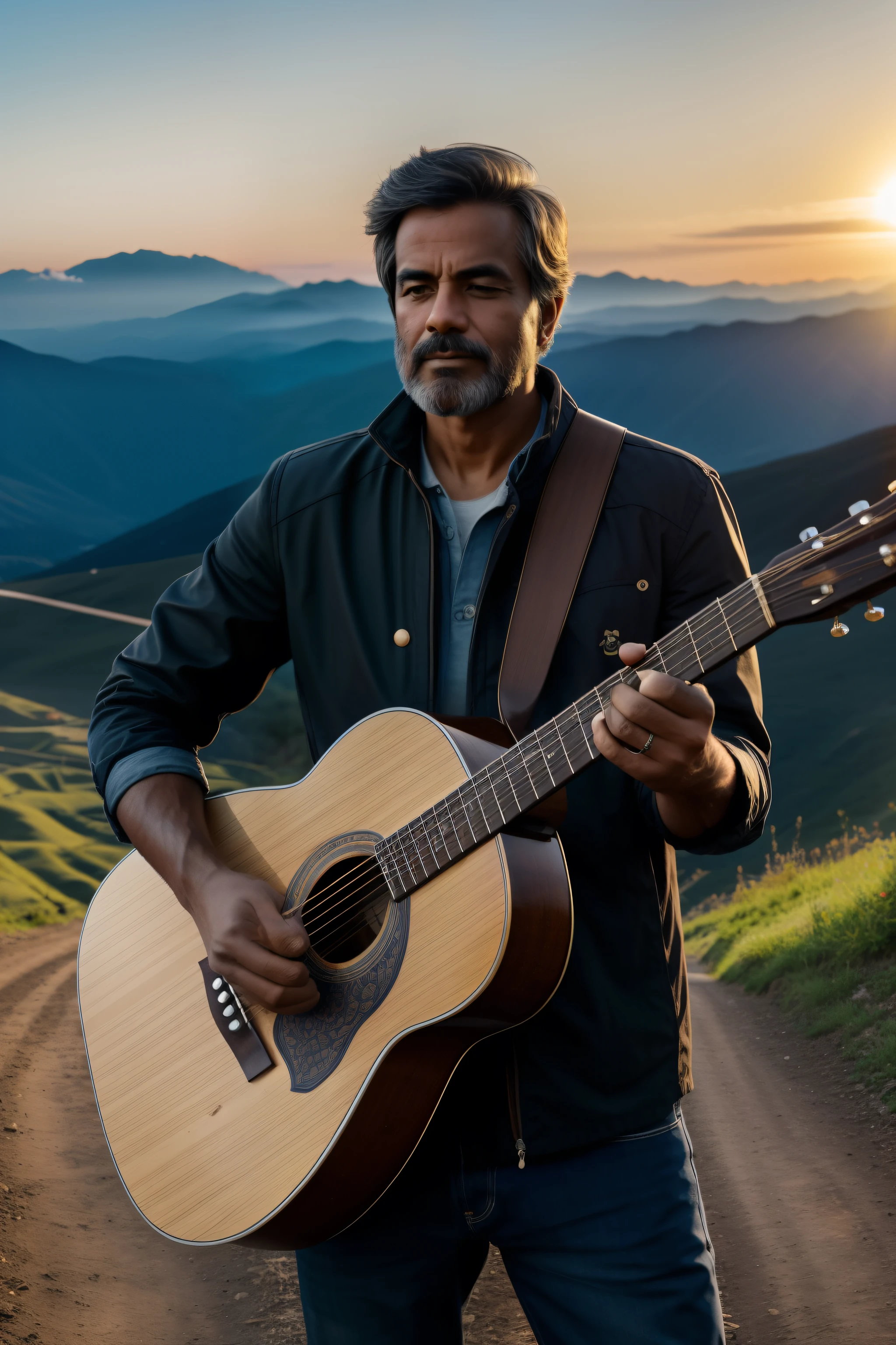 Crie a imagem de um homem na hora dourada de uma bela, clear sky, with expanses of tranquil blue dotted with billowing clouds. He walks confidently along the dirt path, a hand resting casually on the worn body of his guitar, its wooden surface shining in the sun. His expression is contemplative, eyes focused on the winding road ahead.
To your left, the landscape is filled with iconic religious symbols from various religions, suas cores vibrantes se destacando nos tons terrosos do terreno. cruzes, crescent moons, and lotus flowers are among the diversity of emblems that line the path.
sobre