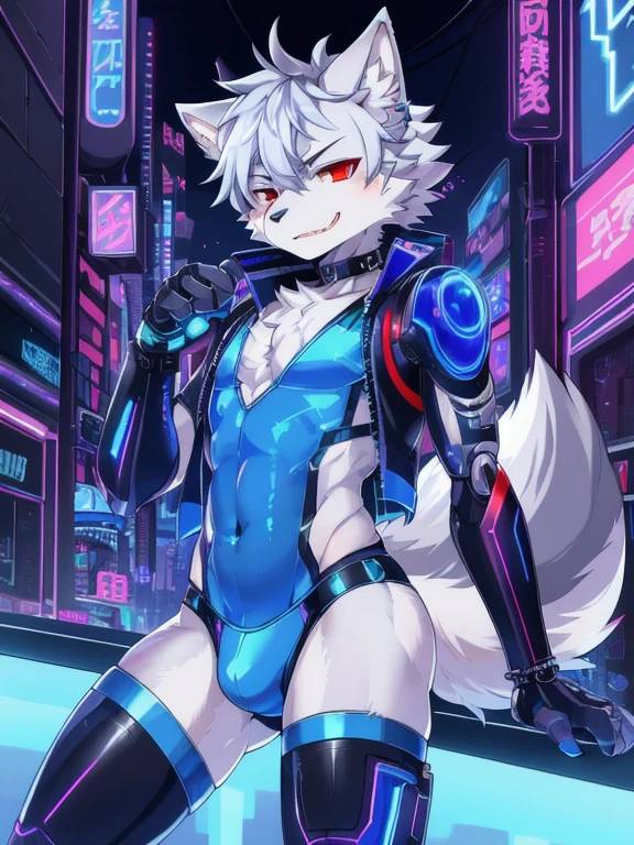 masterpiece, perfect anatomy, solo, 1boy, Furry, kemono, furry wolf, anthropomorphic, male, silver fur, silver skin, red eyes, femboy, cyberpunk clothes, sexy clothes, revealing clothes, ((blue clothing)), cyberpunk city, strip club, uploaded on e621, Cyberpunk technology. cybernetics,bulge
