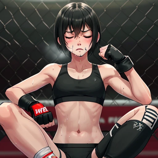 Slender, pretty high school girl who lost a mixed martial arts match in the ring, mid-sitting, eyes closed, mouth open, out of breath, exhausted, short black hair, covered in sweat, small breasts, sports bra, open finger gloves 