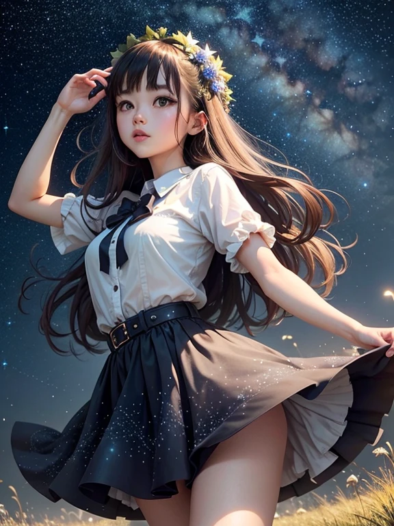 Bright starry sky，There are constellations，There is a beautiful girl dancing under the grass，Wearing very cool