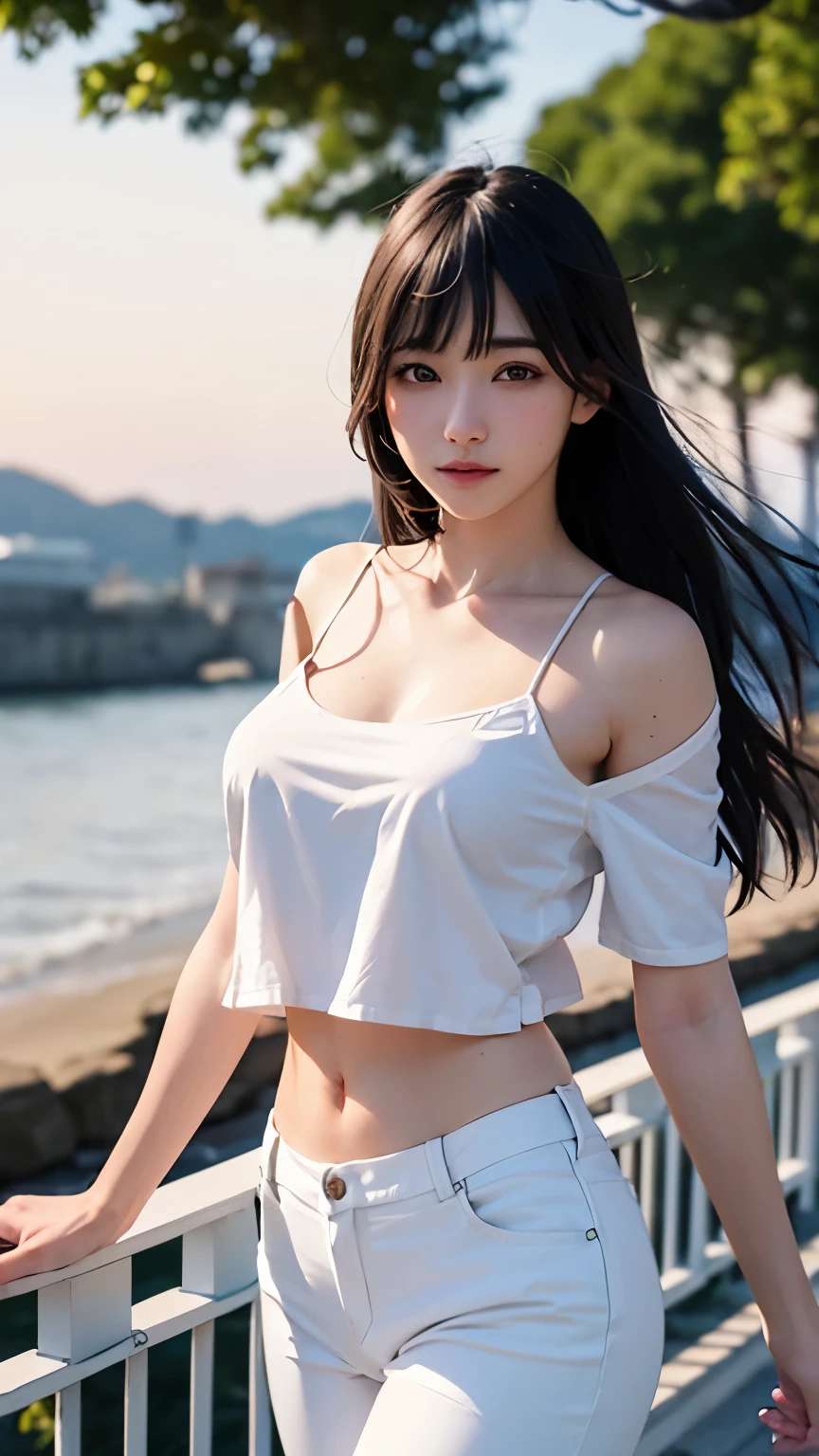 (logo、masterpiece、8k、Tabletop、RAW Photos、wonderful、最high quality、フォトリアリスティックでVery detailedな CG 統合 8k 壁紙、high quality、Very detailed、narrative poem、Particle Effects、Dynamic Effects、Depth of written boundary、Cinematic Light、Lens flare、Ray Tracing)、Fantasy、 (One beautiful woman、White Pants、White T-shirt、White tube top、White crop top、Black-haired、Beautiful Face、True Face、Beautiful details、eye、Beautiful Skin、Ultimate Body、glamorous)、私の髪はWindに舞う、Hair flutters in Wind、Hair bounces、Seaside、wonderful景色、coastal、sunrise、Sun in the background、Wind、Beach