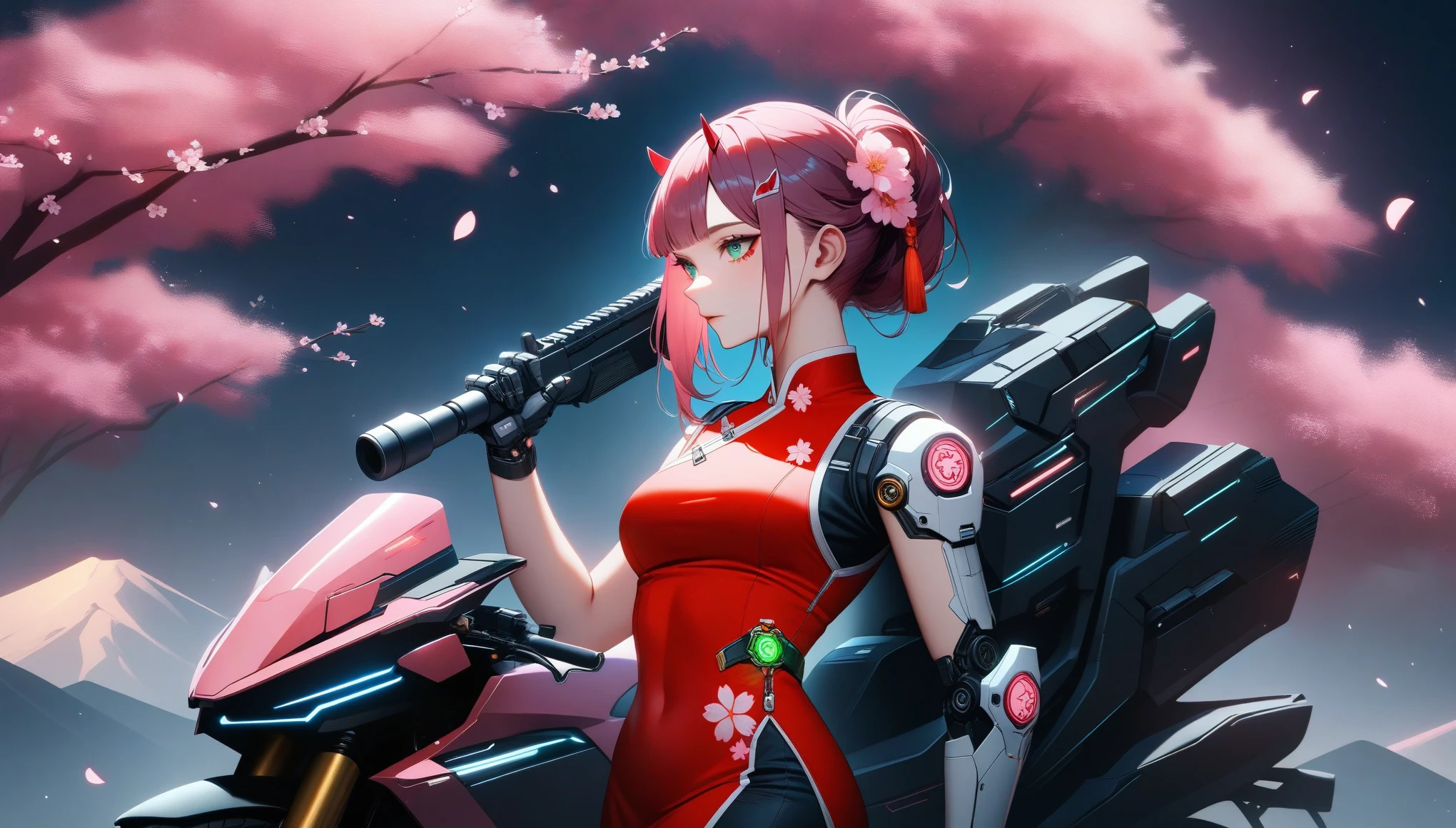 ((Vision))，((whole body))，zero two, solo, Wearing a red cheongsam，Robot arms and legs，Cyberpunk beauty holding an electric rifle，Standing under the cherry blossom tree with pink flowers，（white sockechanical ceramic high heels：1.5 ），background，sport bike，closeup portrait，futuristic style，cyberpunk，Ultra detailed, HDR, pink hair, green eyes