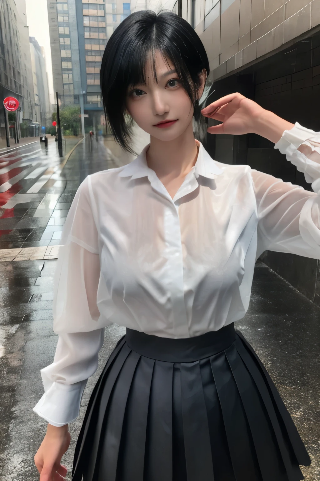 Masterpiece、highest quality、Woman 1、Long-limbed woman、Photo realistic、Super detailed、Gravure idol　Black Hair、short hair、Straight Hair、Hair gets wet　shirt、Pleated skirt、Long skirt、【see through】【show off nipples under white shirt】　Rainy city、Flooded city、Right in the middle of the city