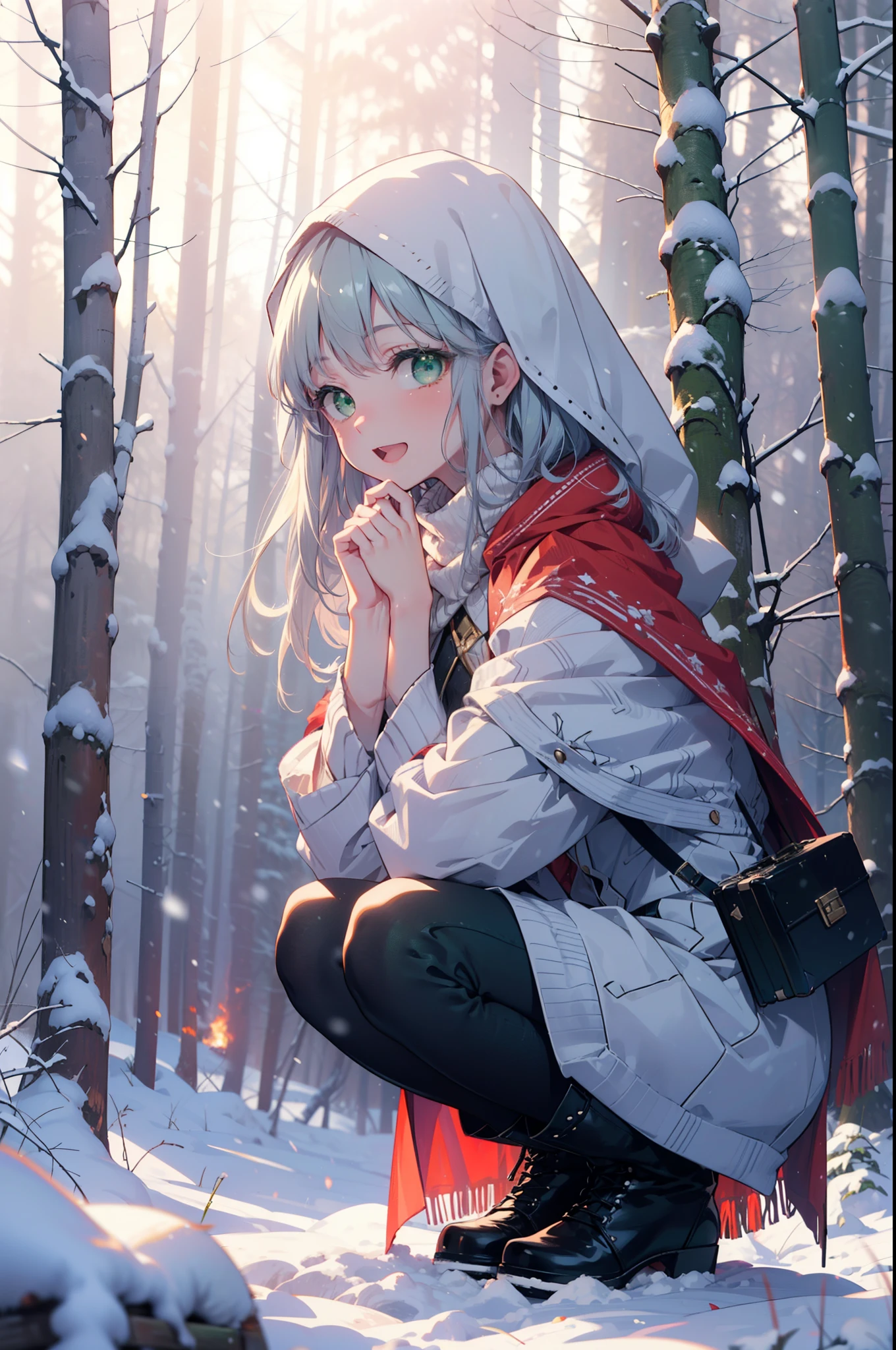 index, index, (Green Eyes:1.5), Silver Hair, Long Hair, (Flat Chest:1.2),happy smile, smile, Open your mouth,
Open your mouth,snow, fire, Outdoor, boots, snowing, From the side, wood, suitcase, Cape, Blurred, Food Up, forest, White handbag, nature,  Squat, Mouth closed, フードed Cape, winter, Written boundary depth, Black shoes, red Cape break looking at viewer, Upper Body, whole body, break Outdoor, forest, nature, break (masterpiece:1.2), highest quality, High resolution, unity 8k wallpaper, (shape:0.8), (Beautiful and beautiful eyes:1.6), Highly detailed face, Perfect lighting, Highly detailed CG, (Perfect hands, Perfect Anatomy),