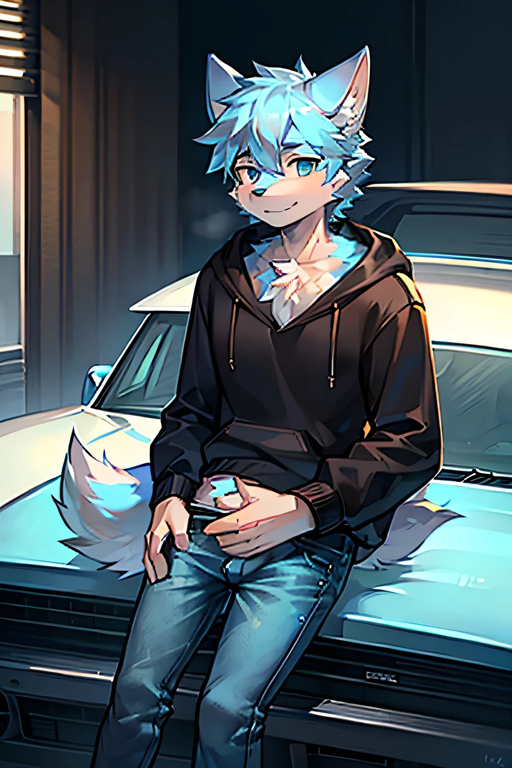 (light blue wolf, furry, anthropomorphic), Male, leaning on car, inside, parking lot, wearing jeans, wearing dark blue hoodie, Furry art, Fur on arms, big Floofy tail, fur on legs, (Fur covering whole body, Best quality, human like body figure), looking at viewer
