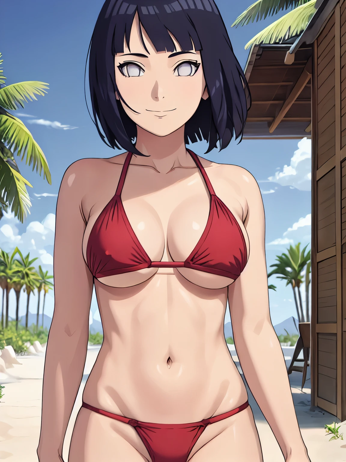 (hinata\(boruto\), sfw, (high quality, anime, tall woman, perfect hand anatomy, red bikini, off-shoulders, little biceps, long belly, super detailed body ultra detailed face, smile), ((triceps)), ((black thong)), ((looking at the camera)), (medium-big breasts), closed mouth), (posing for the viewer), pale skin, ((floating hair, dark blue, short hair, hime cut، loose hair), (location: desert, windy afternoon),