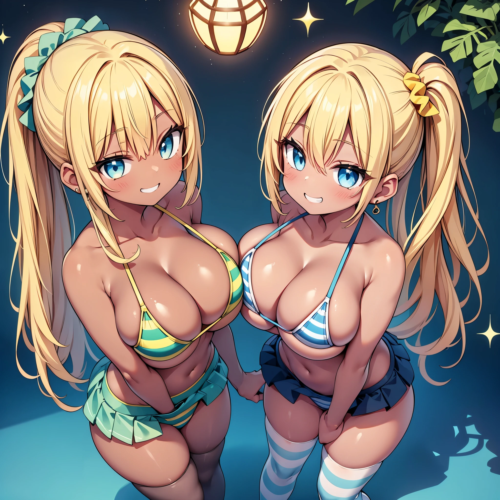 (cute eyes:1.2), (sparkling eyes:1.2), (8K、Best image quality、highest quality、masterpiece)、Detailed face、(2 girls)、Improve、((Brown Skin:1.3))、blonde、Low Ponytail、Scrunchie、Yellow Eyes、Earrings、Wicked Smile、((Grin)), (skinny body:1.3), (????????????:1.3), (Light blue striped micro ??????:1.2), (symmetrical docking:1.3), Classroom Background, (black stockings:1.2), (Thighs:1.2), (Waistline),(from above:1.2)