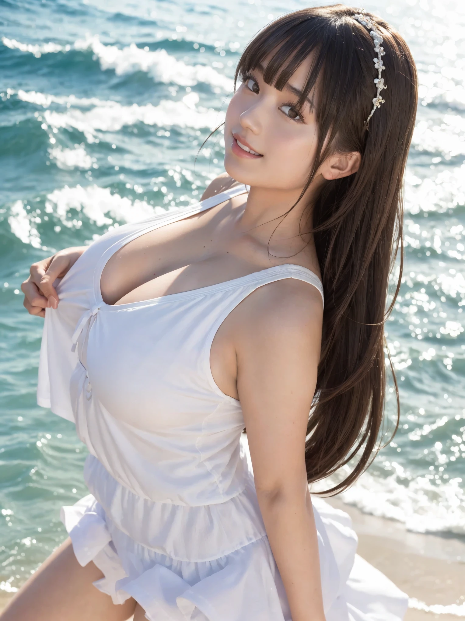 Summer at the Italien coast. A beautiful, voluptuous and curvy woman as a tourist. Hana haruna, chubby gravure idol. Watching all the sea and nature, Excited. Long hair cascading over her shoulders, waving in the Wind, straight bangs. Her lips curl up as she smiles. Her bouffant dress lifts up as she turns around with spread arms. The sunlight glistens on her glossy, tanned skin. Cinematic. From the side