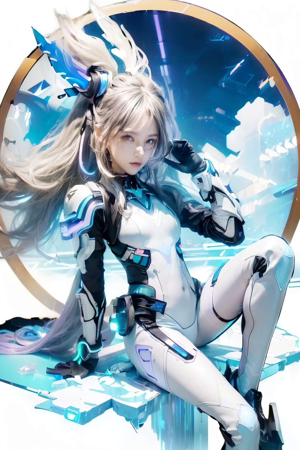 (Long black wavy hair with blue and purple neon lighting:1.2),(Full body photo:1.2) Best image quality, masterpiece, Ultra-high resolution, (Faithfulness:1.4), ((Cyberpunk characters)), Japanese women, Very beautiful face, Skinny, Small breasts, Cyber Costume, Futuristic, ((Award-winning, ultra-realistic photography)),(Hyper Detail),(Intricate details),(High resolution CGI artwork 8k), LED Light, Atmospheric lighting, Illuminated by neon lights, (Dark city night、Black Background:1.4)