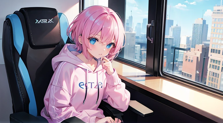 girl　Pink Hair　short　hoodie　blue eyes　Sit in a gaming chair