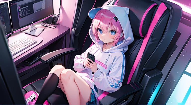 girl　Pink Hair　short　hoodie　blue eyes　Sit in a gaming chair